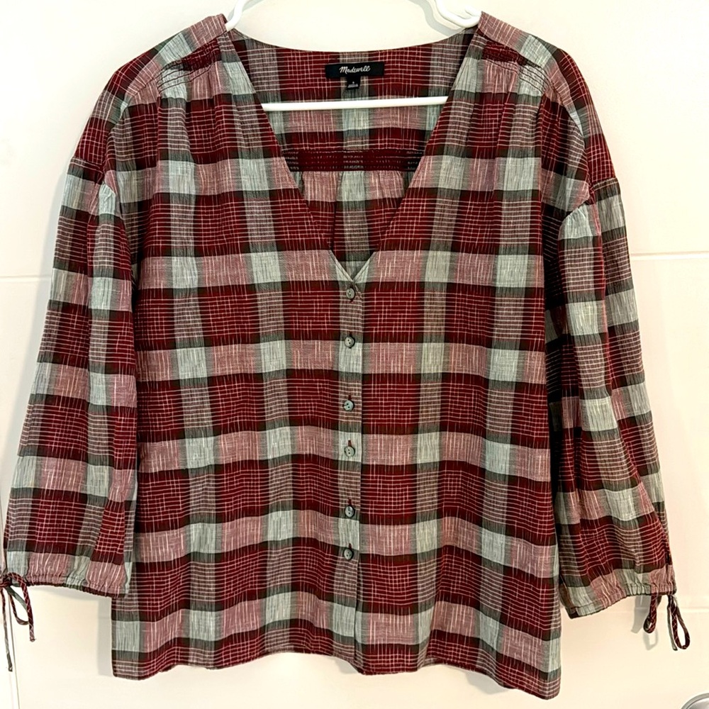 Madewell top maroon and brown plaid